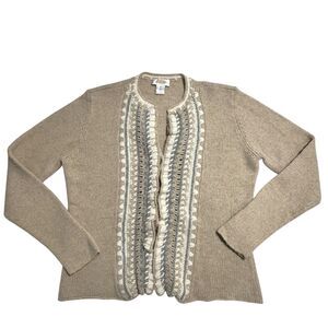 Vintage Talbots Women Cardigan Sweater XL Beige Cottage Crochet Ruffle Embroider